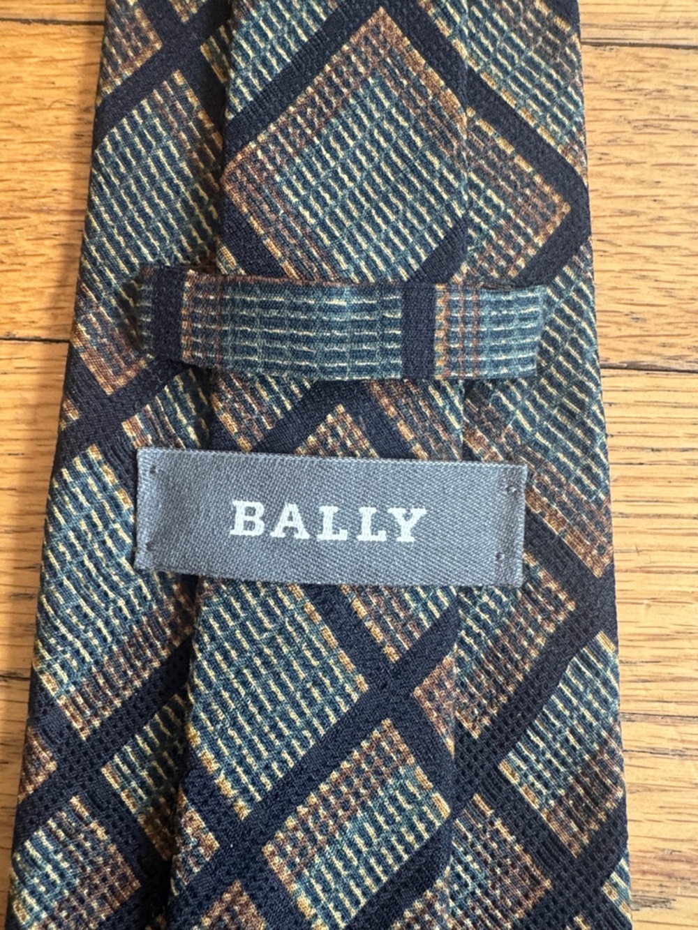 Bally Geometric Silk Tie in Blue, Brown and Cream
